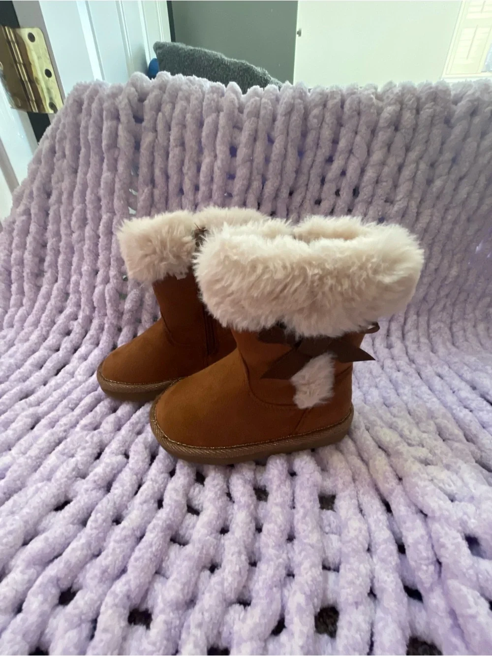 Girls' Brown Faux Suede Winter Boots with Cream Fur Trim